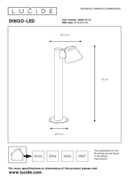 Lucide DINGO-LED - Lámpara baliza - LED Regul. - GU10 - 1x5W 3000K - IP44 - Blanco - técnico